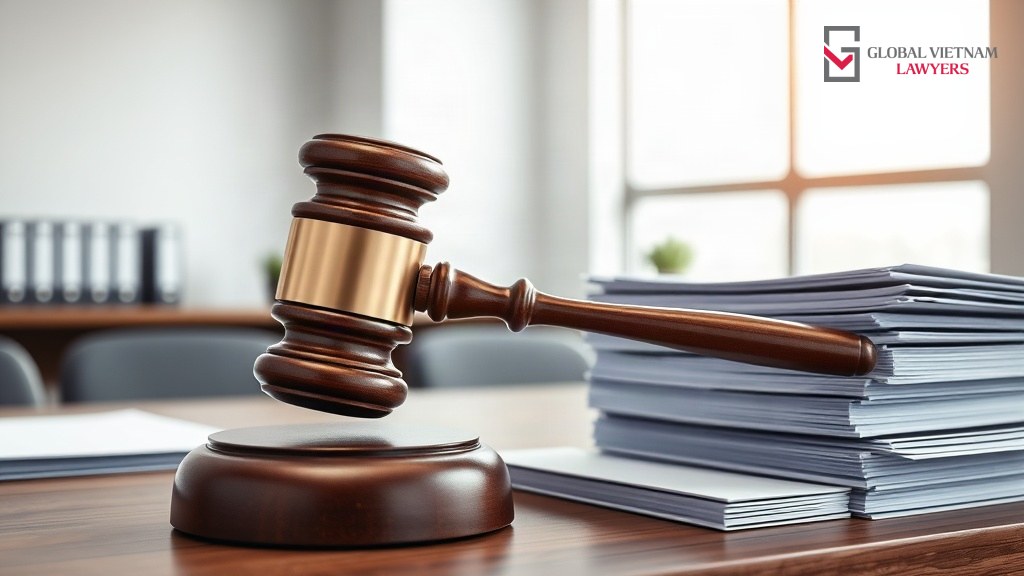 Búa gỗ và hồ sơ vụ án trên bàn, minh họa yêu cầu hủy nghị quyết đại hội đồng cổ đông