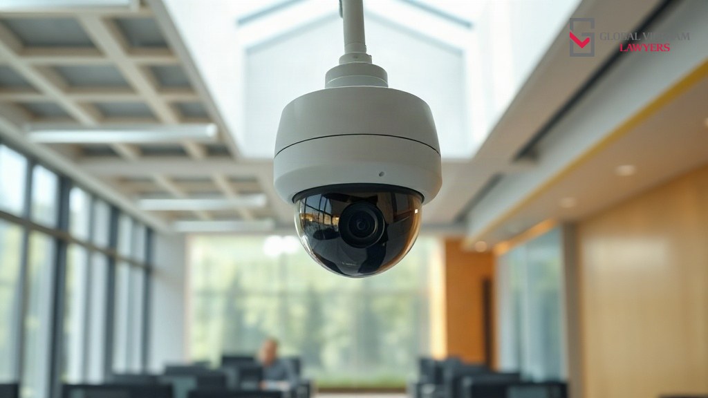 Camera an ninh gắn trần khu vực làm việc, minh họa giám sát nhân viên bằng camera có vi phạm quyền riêng tư