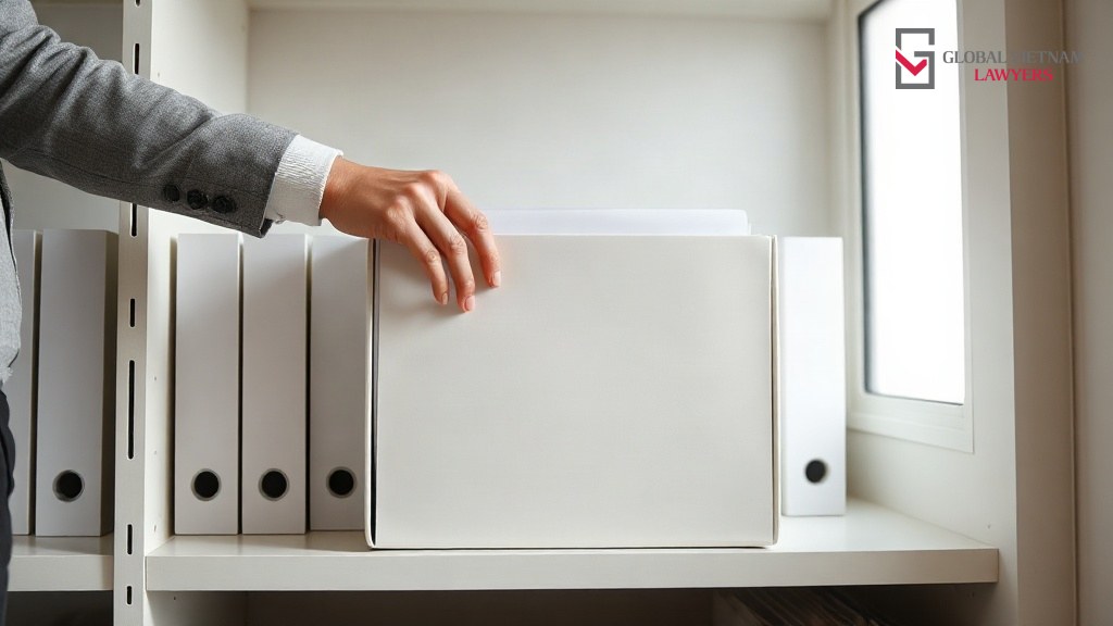 Hồ sơ sự cố được xếp vào hộp lưu trữ để trống nhãn trong văn phòng sáng