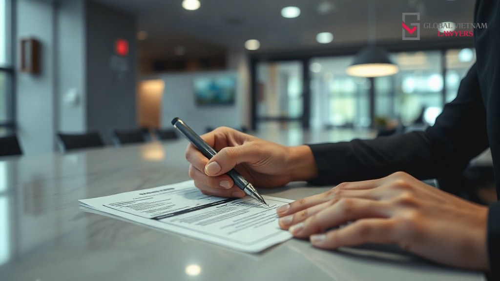 Bàn tay ký vào biểu mẫu giấy để trống tại quầy tiếp nhận của doanh nghiệp