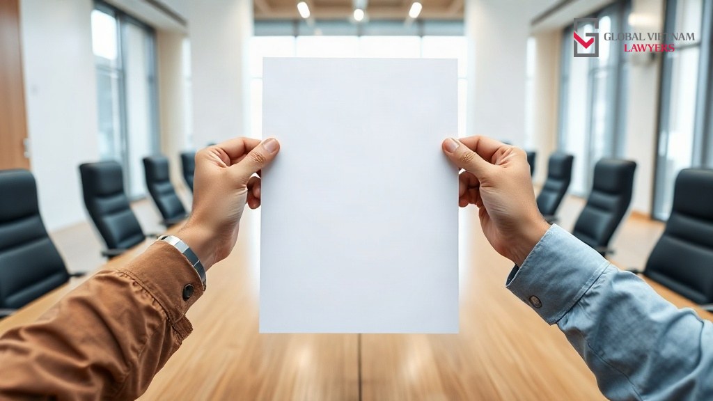 Bàn tay cầm tài liệu quy chế để trống khi thông báo về camera giám sát cho người lao động